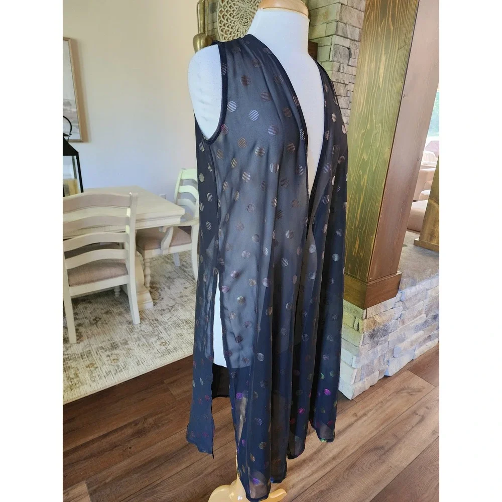 LuLaRoe Shirley Kimono Vest Small Black Iridescent Dots Sheer Long Duster‎ Goth